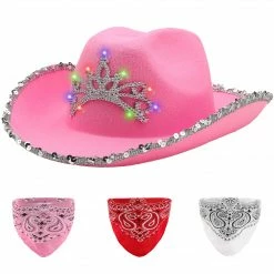 Spooktacular Creations Headwear LED Pink Cowboy Hat With 3 Bandanas For Cosplay