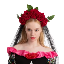 Spooktacular Creations Day Of The Dead Cosplay - Headband With Rose And Veil, Face Tattoo