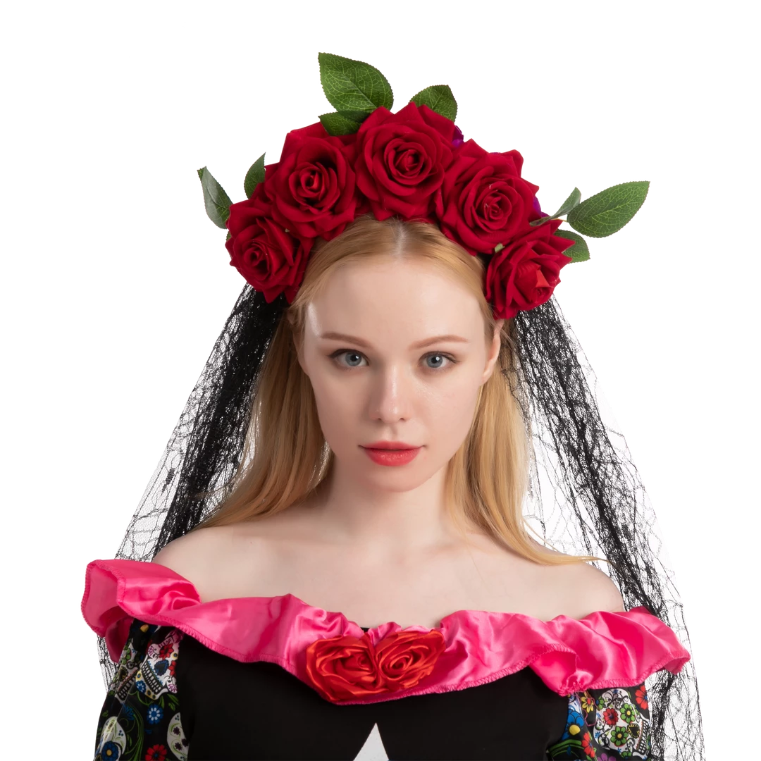 Spooktacular Creations Day Of The Dead Cosplay - Headband With Rose And Veil, Face Tattoo 3 Spooktacular Creations Day Of The Dead Cosplay - Headband With Rose And Veil, Face Tattoo