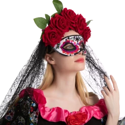 Spooktacular Creations Day Of The Dead Cosplay - Headband With Rose And Veil, Masquerade Eye Mask