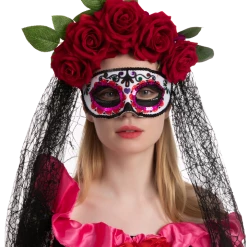 Spooktacular Creations Day Of The Dead Cosplay - Headband With Rose And Veil, Masquerade Eye Mask